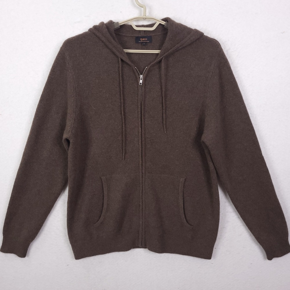 Quince Cashmere Hoodie Mens L Brown Full Zip Mongolian Knit Sweater Luxury